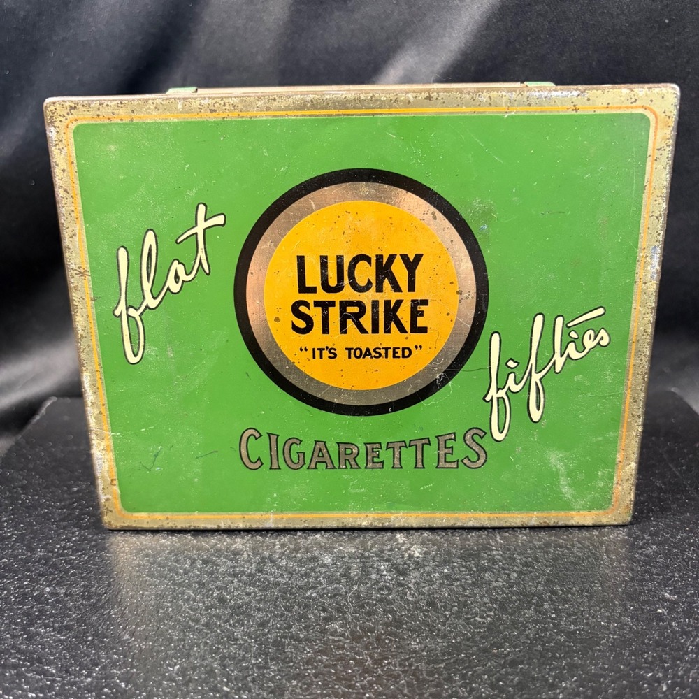 Lucky Strike Flat Fifties Cigarette Tin American Tobacco Co Green Vintage 1930s